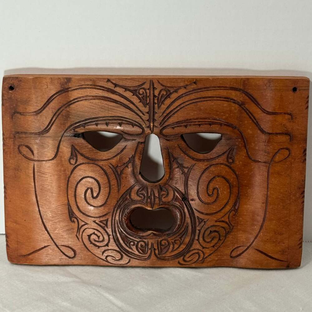 Hand-Carved Vintage New Zealand Kauri Wood Māori Panel Mask 60s/70s